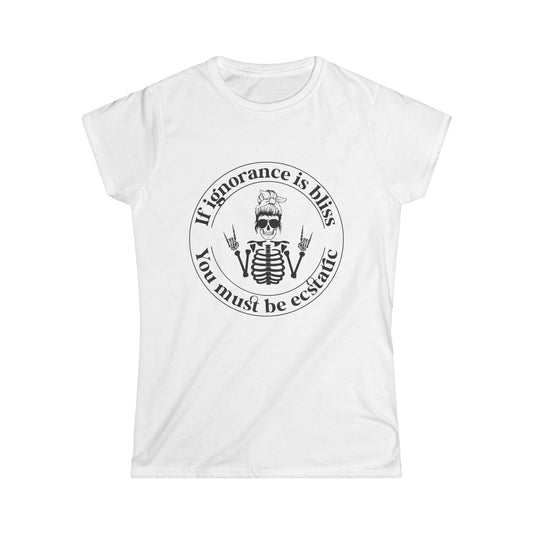 White t-shirt with black graphic and text on a white background