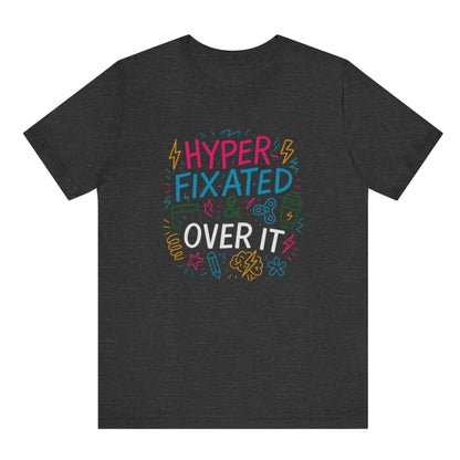 Black t-shirt with colorful text design on a white background