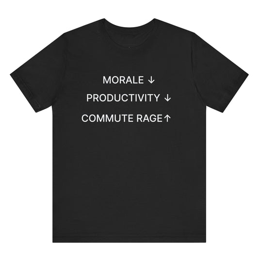 Black t-shirt with white text on a white background