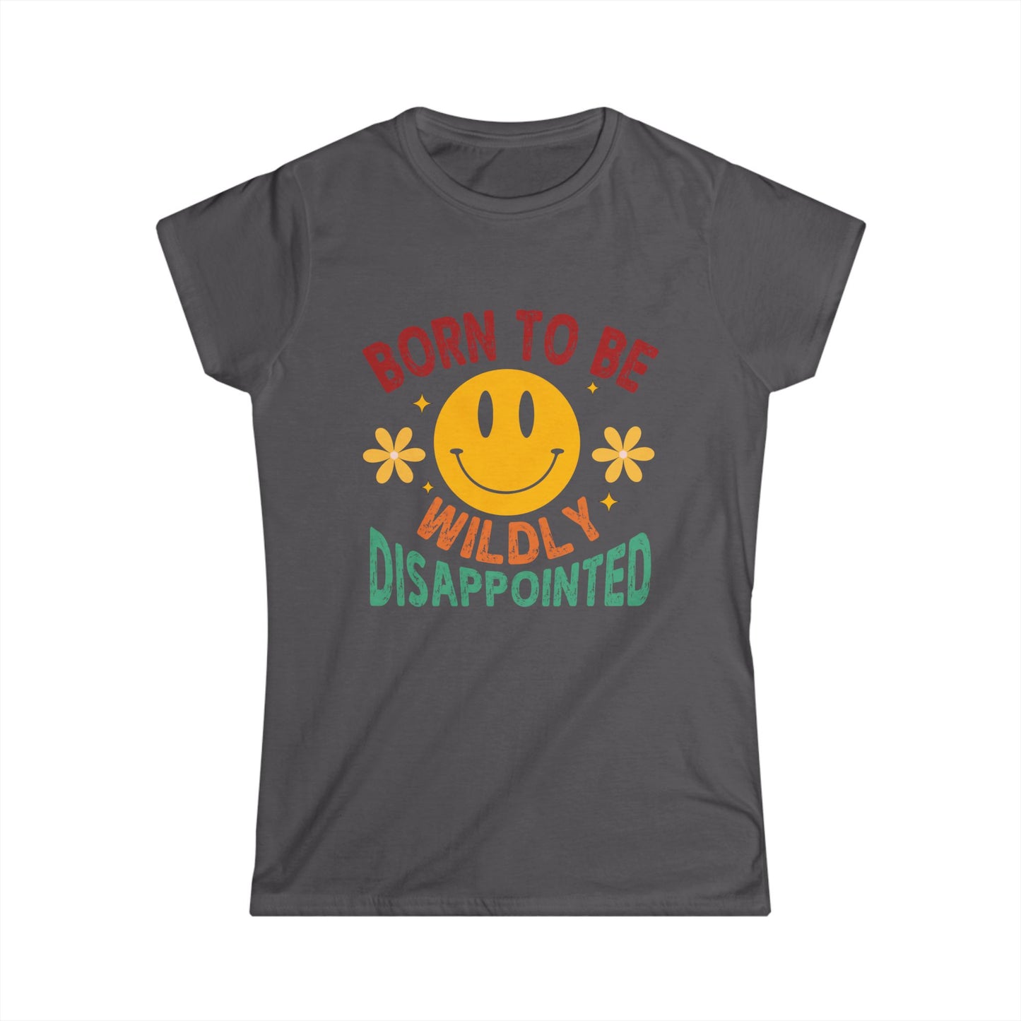 Gray t-shirt with a smiley face and text design on a white background
