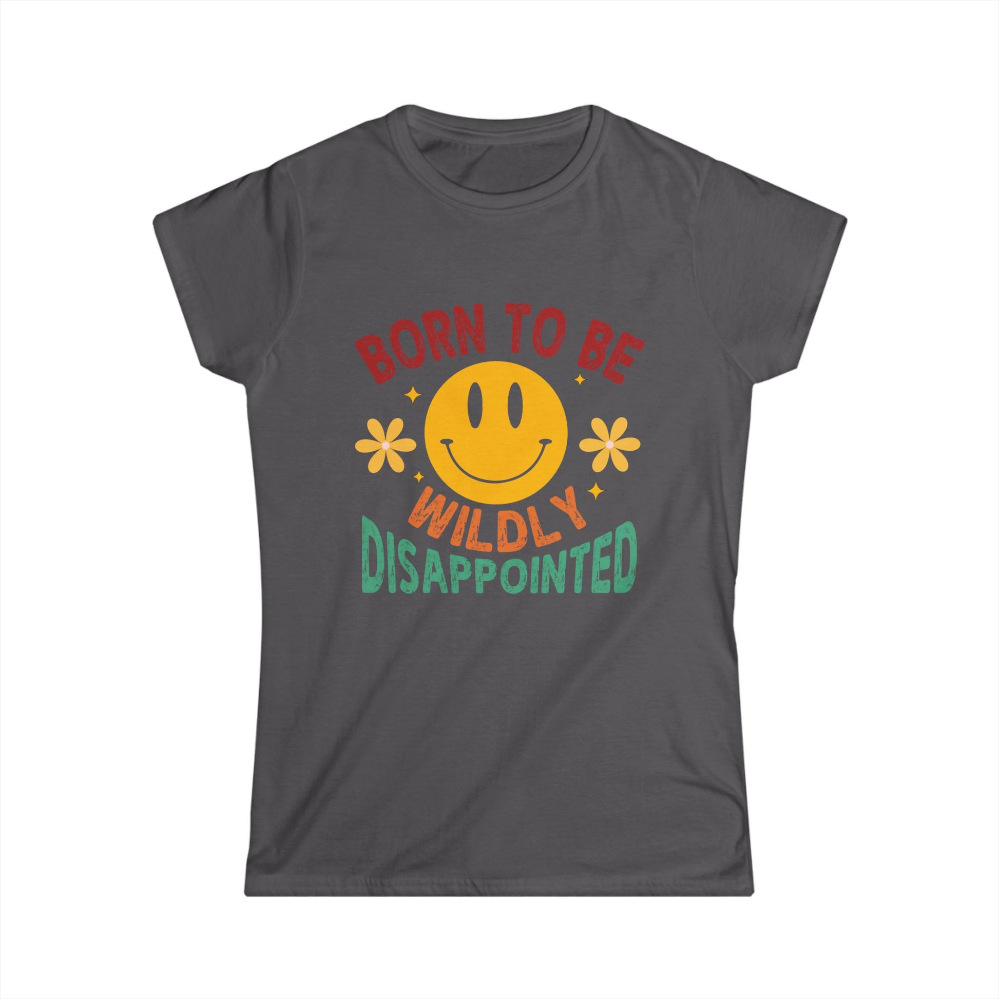 Gray t-shirt with a smiley face and text design on a white background