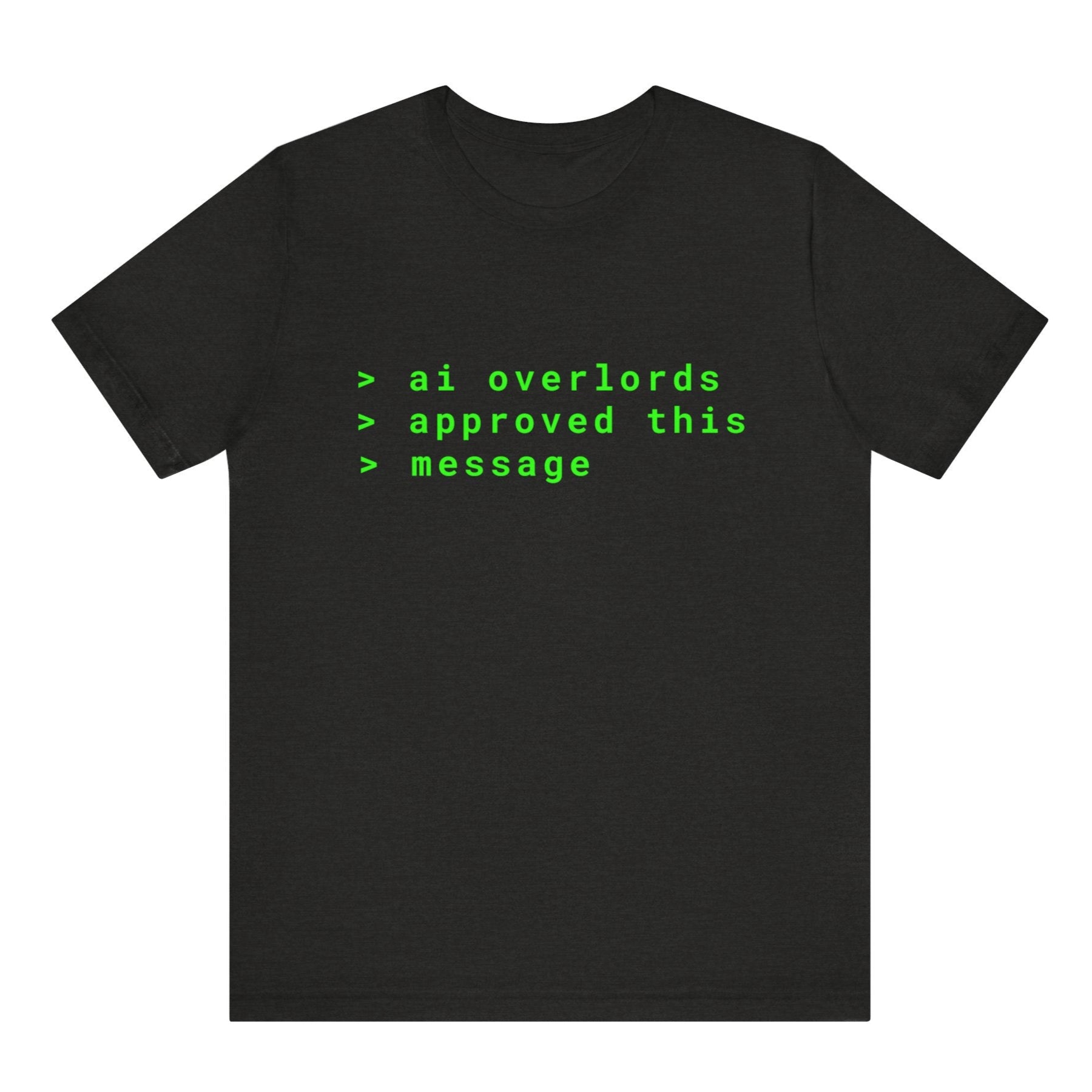 Black t-shirt with green text on a white background