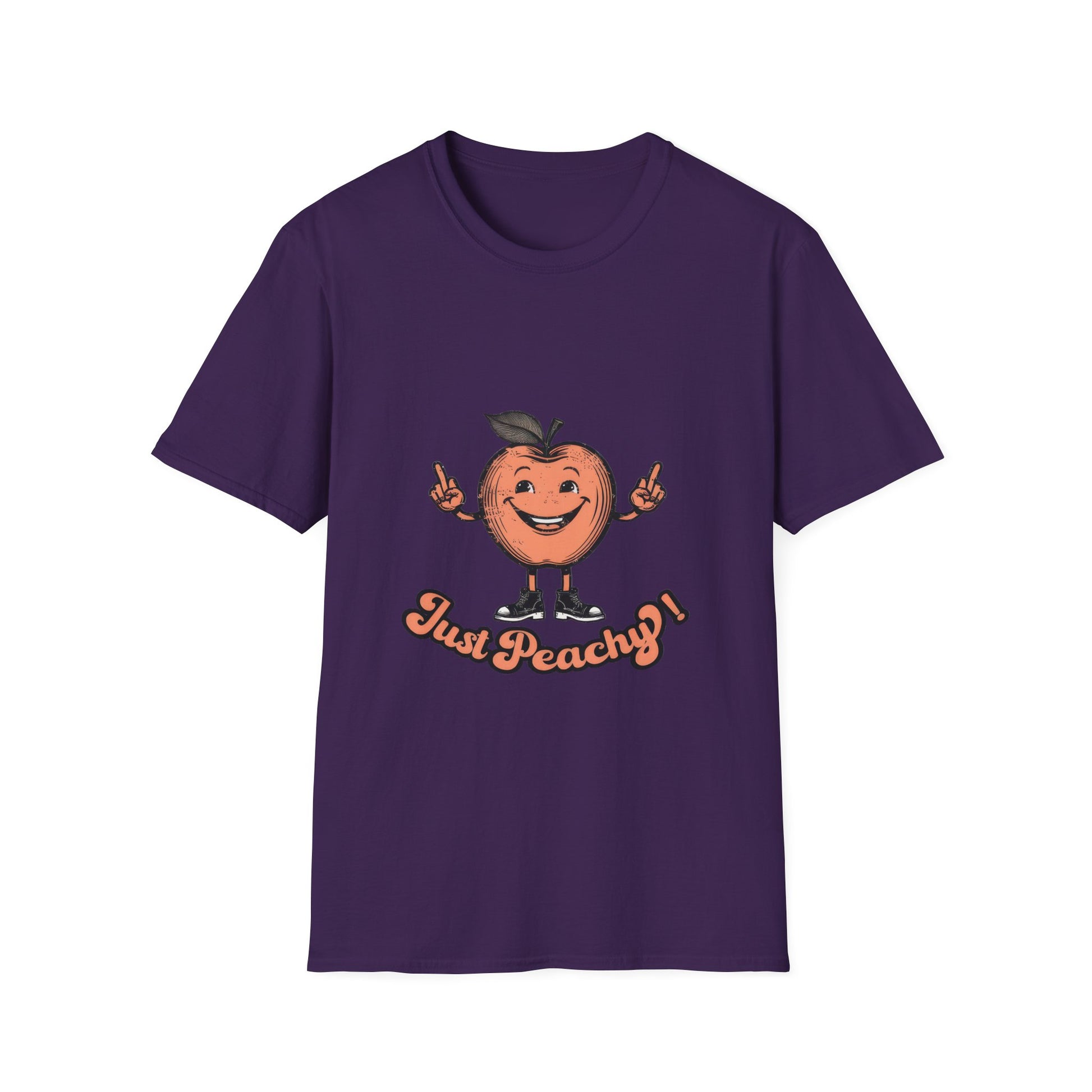 A blue men's crew neck t-shirt with the text 'Just Peachy' and an illustration of a peach with a face on it.