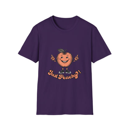 A blue men's crew neck t-shirt with the text 'Just Peachy' and an illustration of a peach with a face on it.