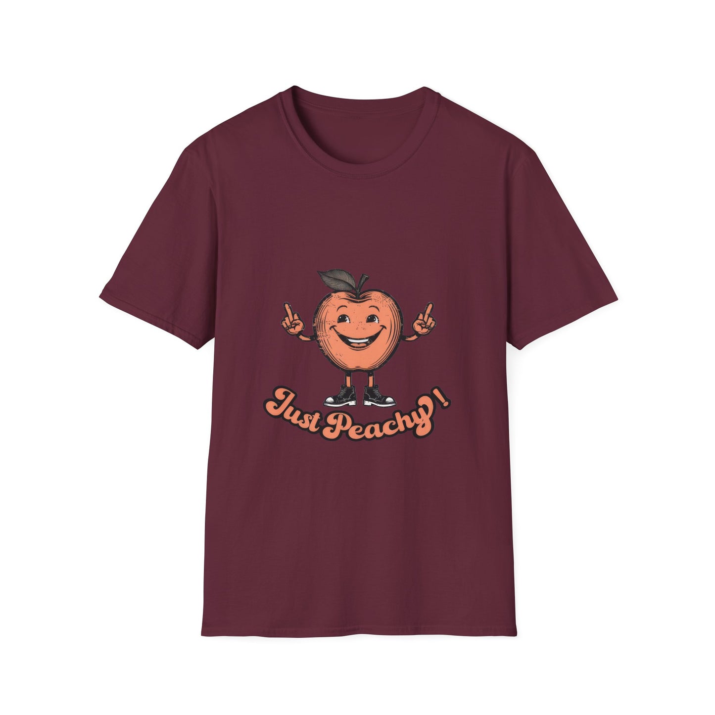 A blue men's crew neck t-shirt with the text 'Just Peachy' and an illustration of a peach with a face on it.