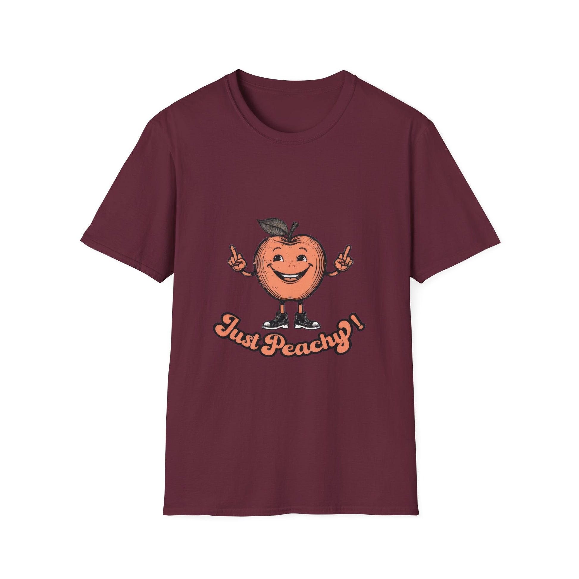 A blue men's crew neck t-shirt with the text 'Just Peachy' and an illustration of a peach with a face on it.