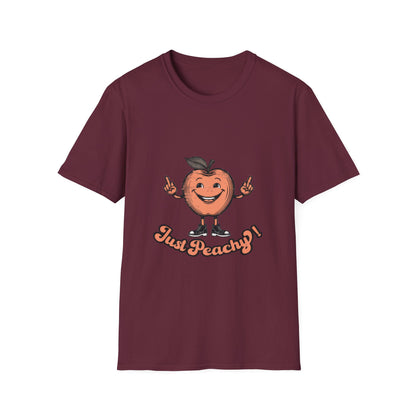 A blue men's crew neck t-shirt with the text 'Just Peachy' and an illustration of a peach with a face on it.
