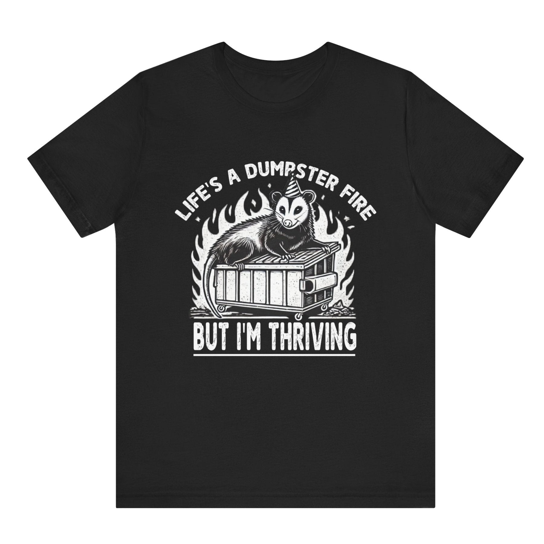 Black t-shirt with graphic design and text on a white background