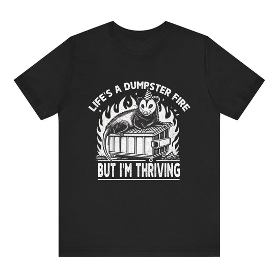 Black t-shirt with graphic design and text on a white background