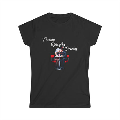 Black t-shirt with graphic design and text 'Flirting With My Demons' on a white background