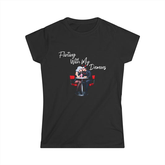 Black t-shirt with graphic design and text 'Flirting With My Demons' on a white background