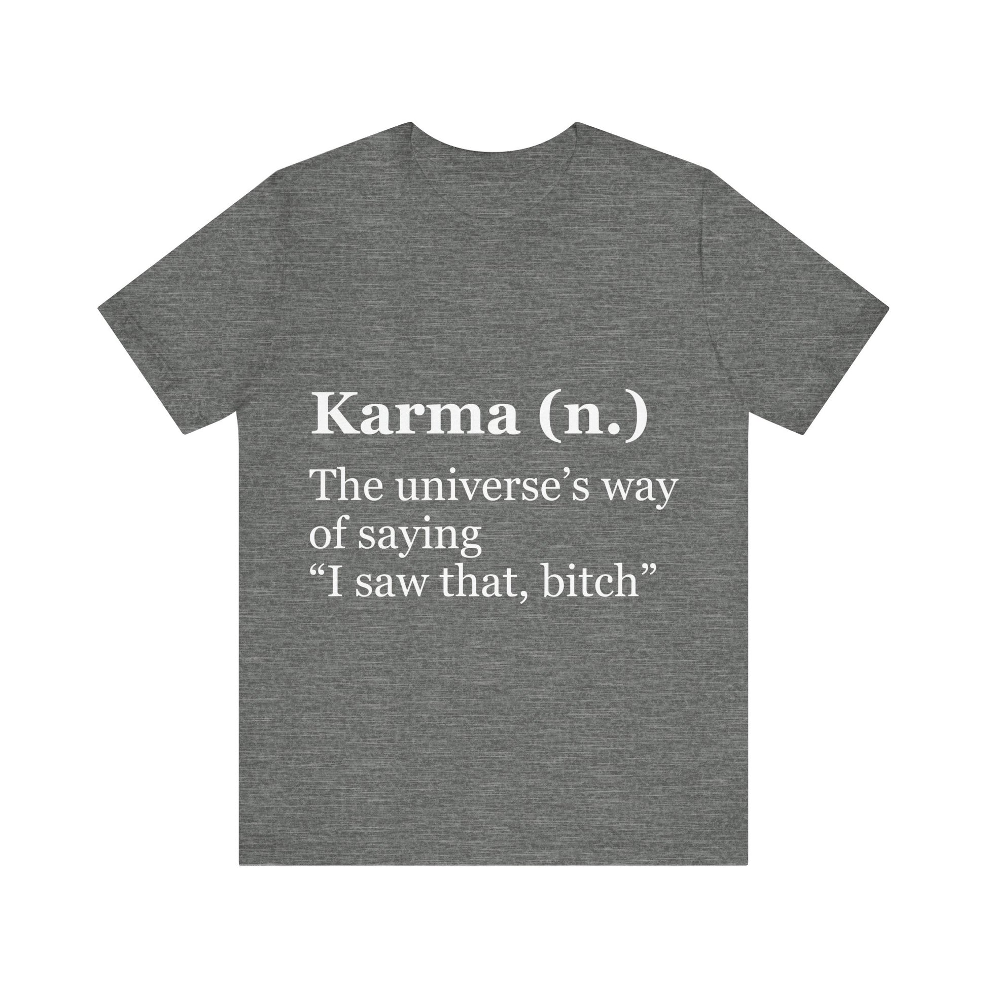 Gray t-shirt with white text on a white background