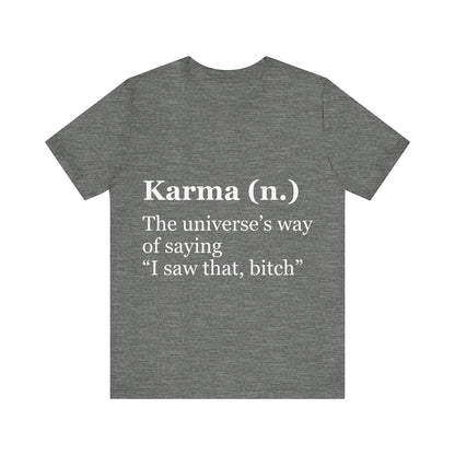 Gray t-shirt with white text on a white background