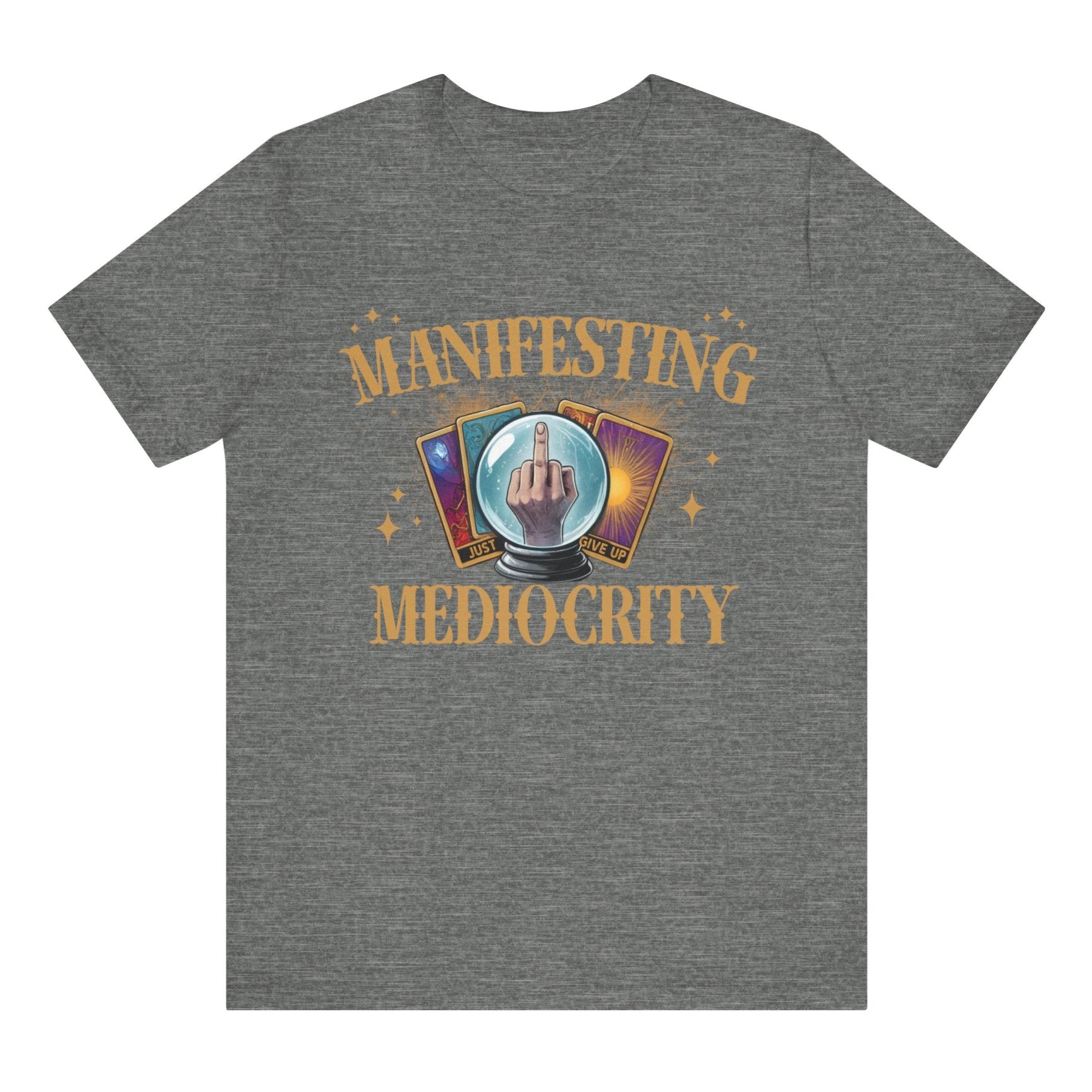 Gray t-shirt with 'Manifesting Mediocrity' design on a white background