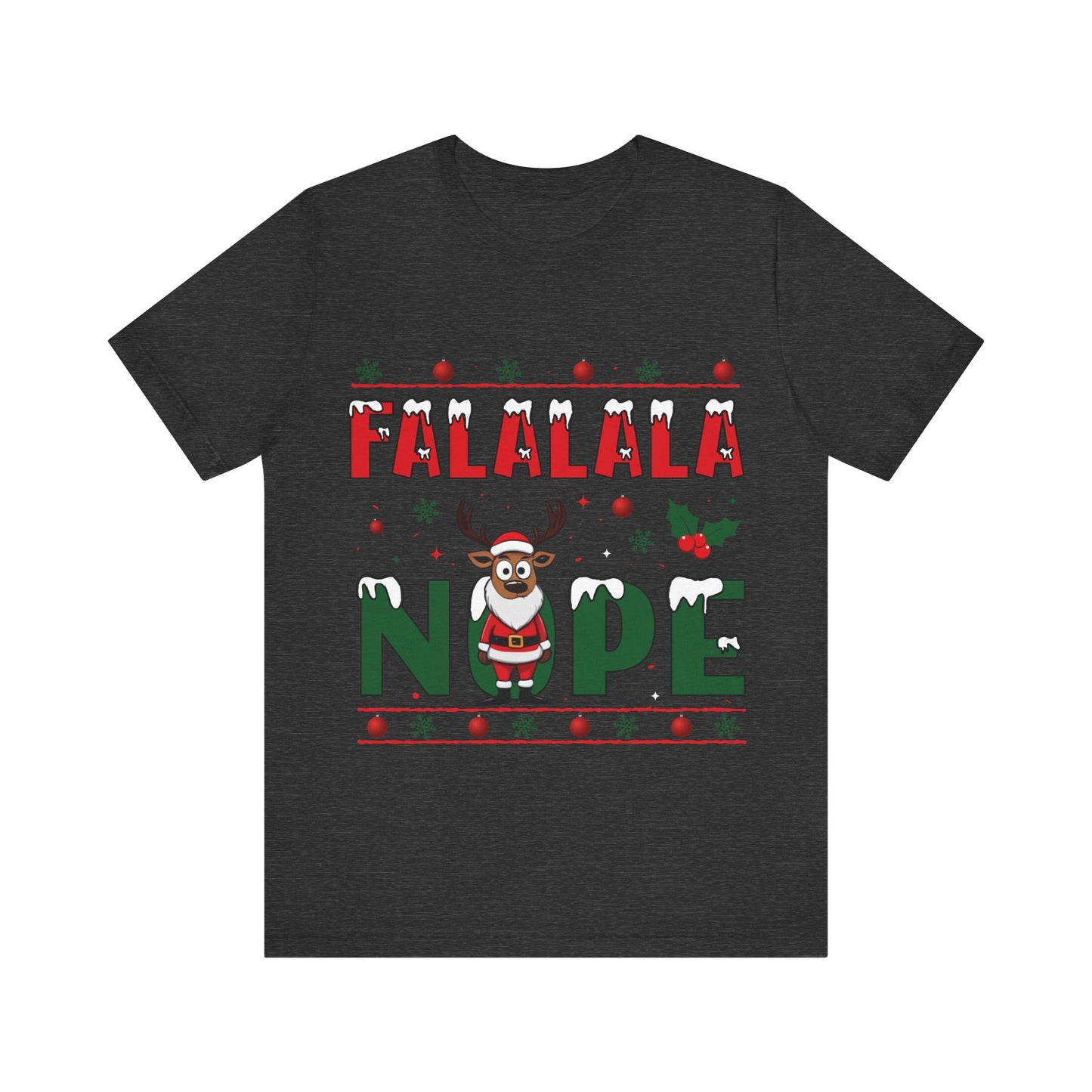 Black t-shirt with Christmas-themed design featuring text and a cartoon character on a white background