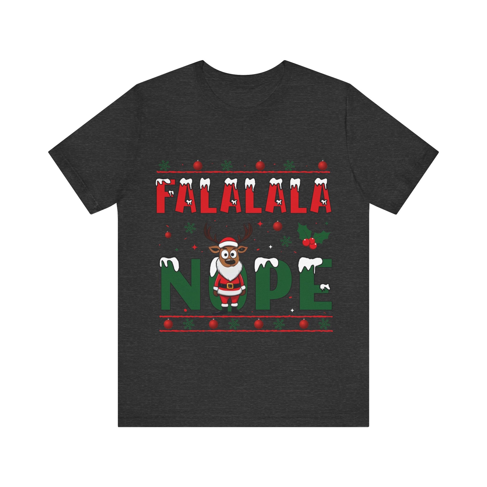 Black t-shirt with Christmas-themed design featuring text and a cartoon character on a white background