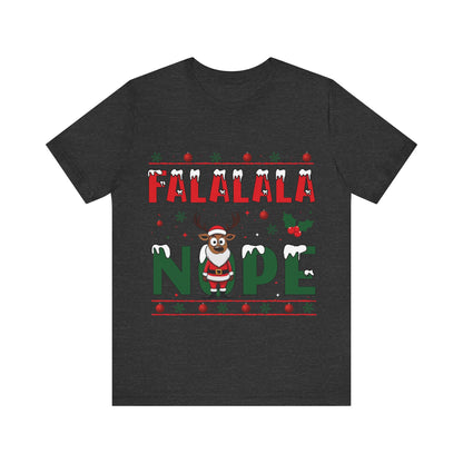 Black t-shirt with Christmas-themed design featuring text and a cartoon character on a white background