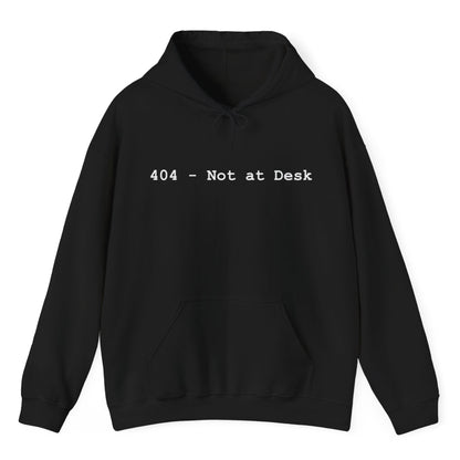 Black hoodie with '404 - Not at Desk' text on a white background