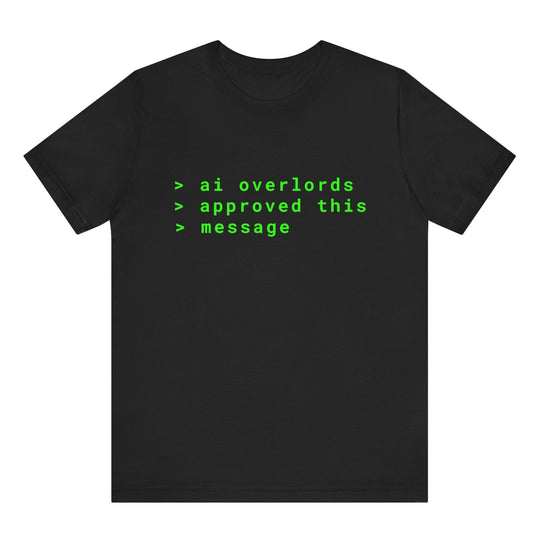 Black t-shirt with green text on a white background
