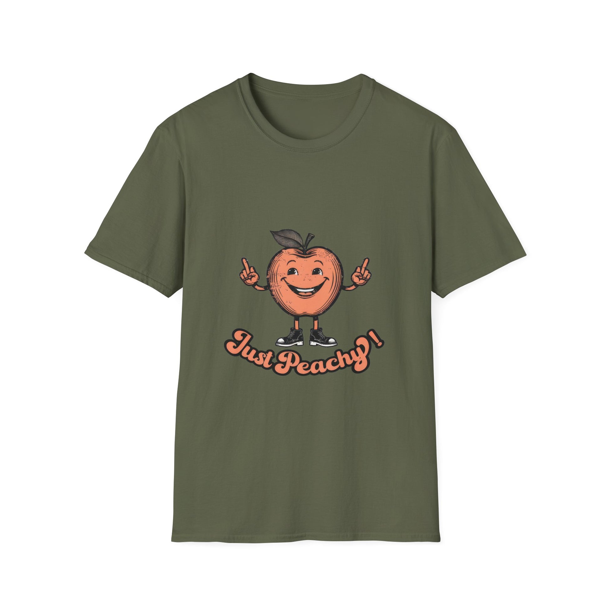 A blue men's crew neck t-shirt with the text 'Just Peachy' and an illustration of a peach with a face on it.
