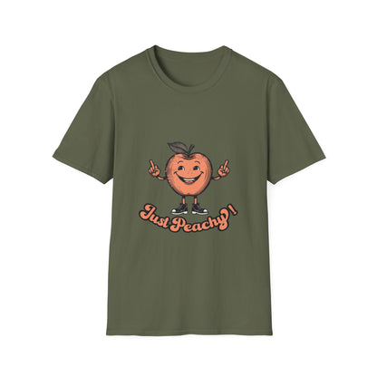 A blue men's crew neck t-shirt with the text 'Just Peachy' and an illustration of a peach with a face on it.