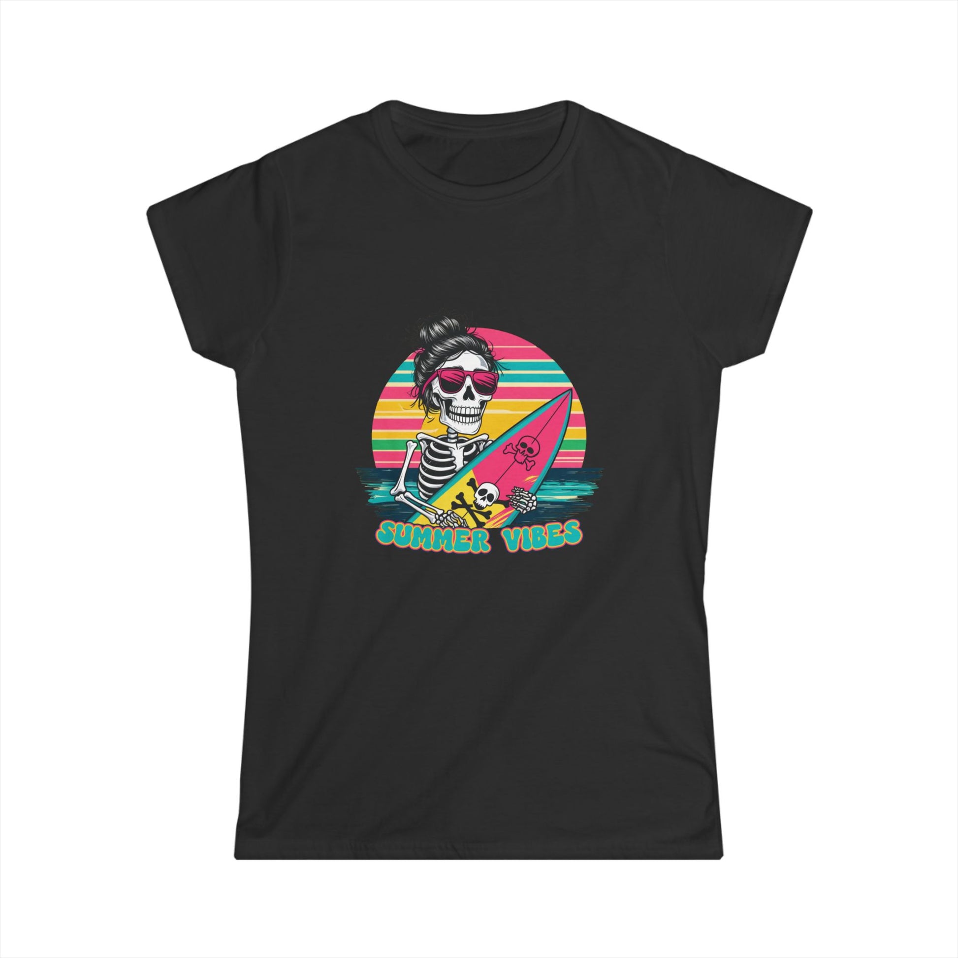 Black women's t-shirt with a graphic of a skeleton holding a surfboard and text 'Summer Vibes' against a colorful striped background.