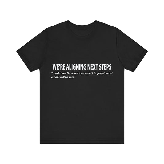 Black t-shirt with white text on a white background