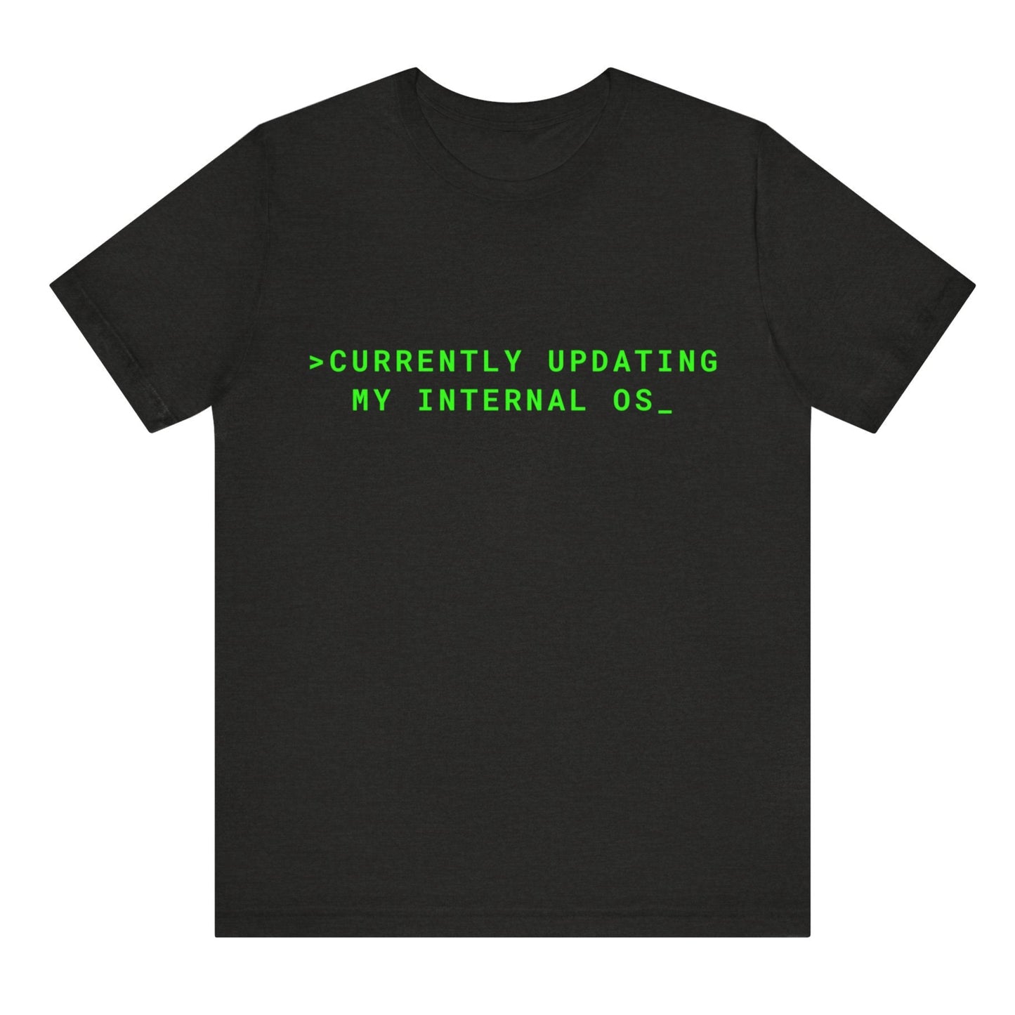 Black t-shirt with green text on a white background