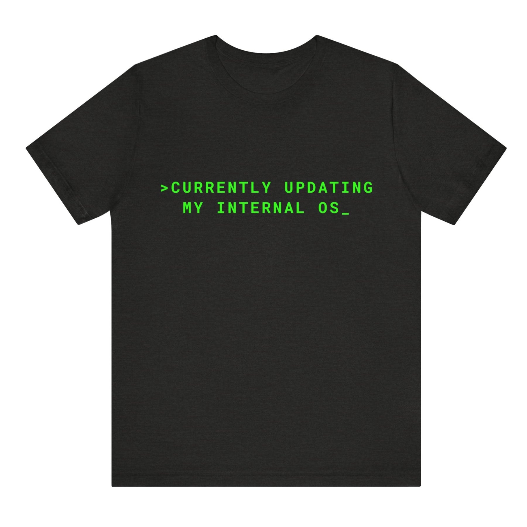Black t-shirt with green text on a white background
