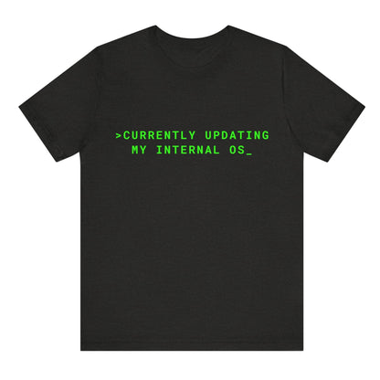 Black t-shirt with green text on a white background