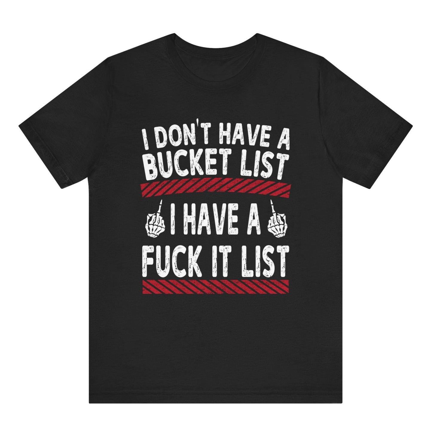 Black t-shirt with white and red text on a white background