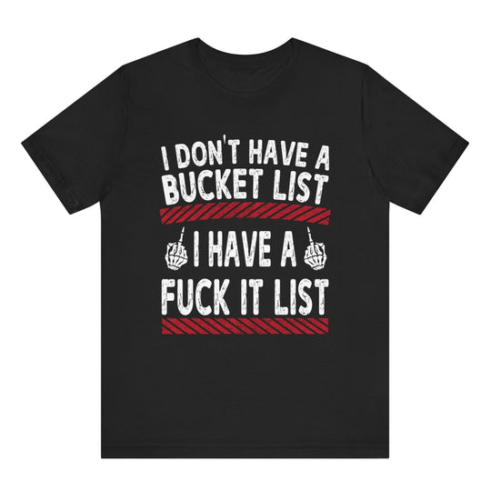 Black t-shirt with white and red text on a white background
