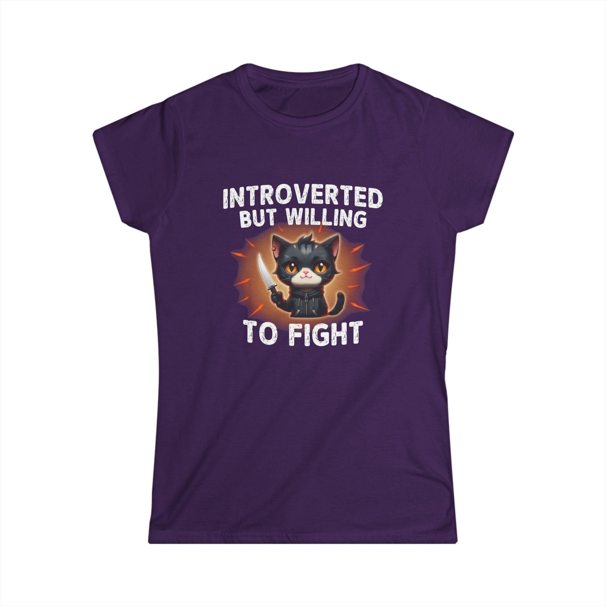 Purple t-shirt with a graphic of a cat and text 'Introverted but willing to fight' on a white background