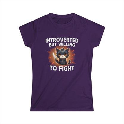 Purple t-shirt with a graphic of a cat and text 'Introverted but willing to fight' on a white background