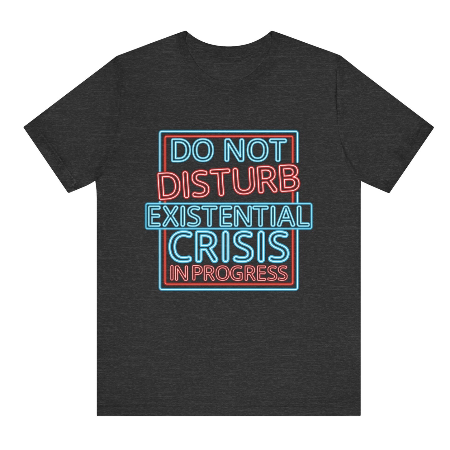 Black t-shirt with colorful text design on a white background