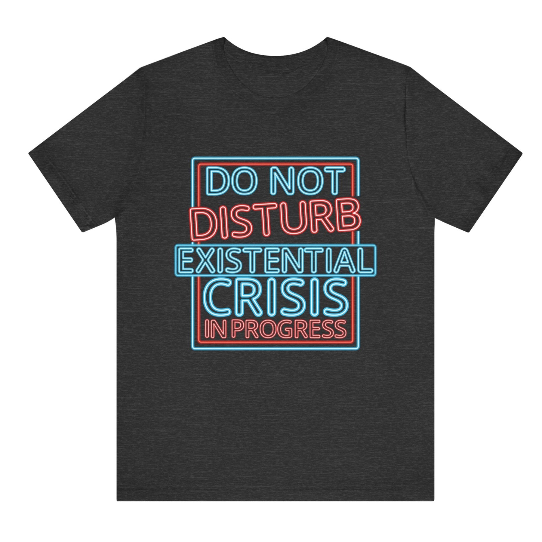 Black t-shirt with colorful text design on a white background
