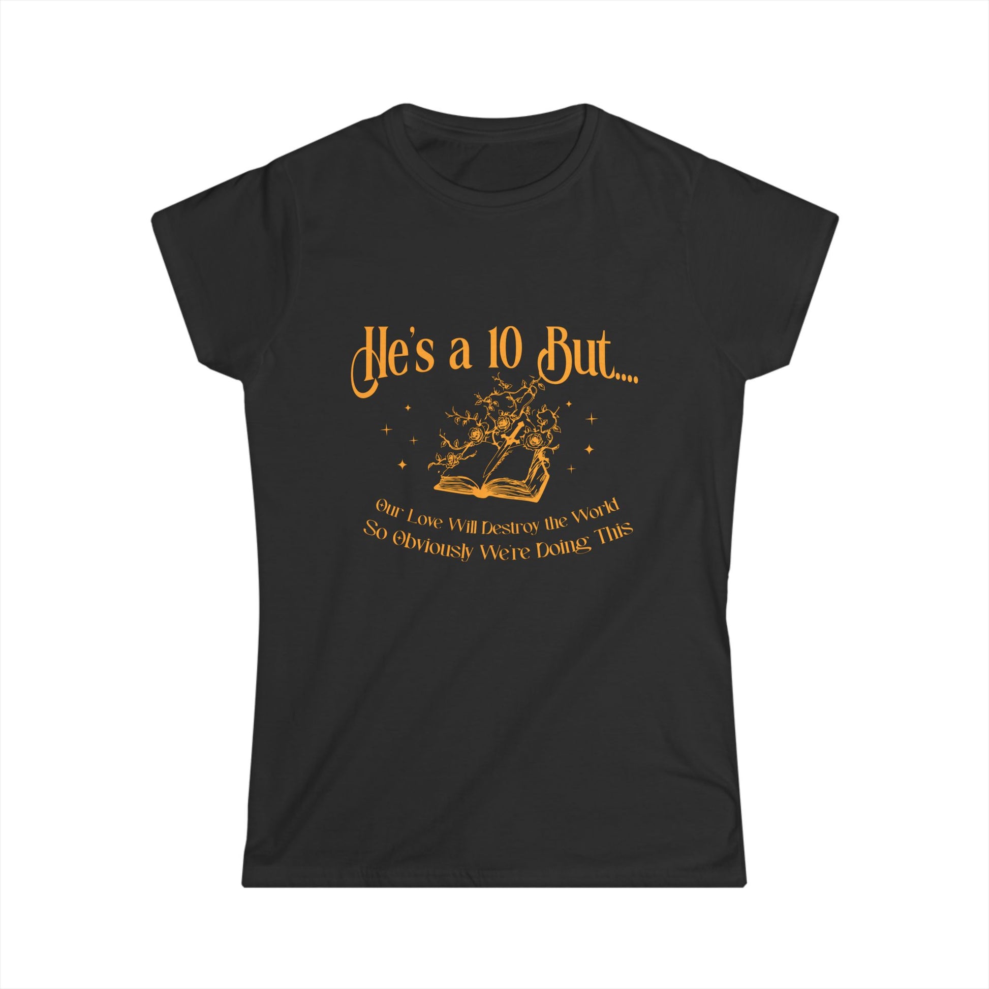 Black t-shirt with yellow text and graphic on a white background