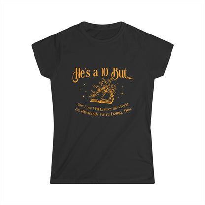 Black t-shirt with yellow text and graphic on a white background