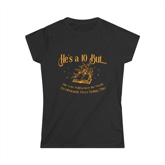 Black t-shirt with yellow text and graphic on a white background
