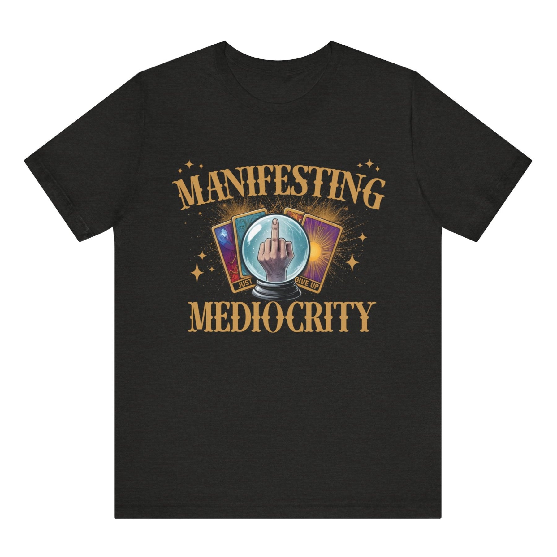 Black t-shirt with 'Manifesting Mediocrity' graphic design on a white background