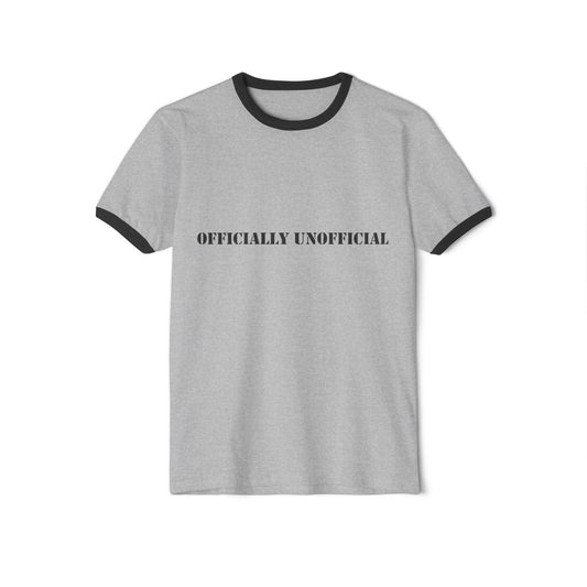 Gray t-shirt with black text and trim on a white background