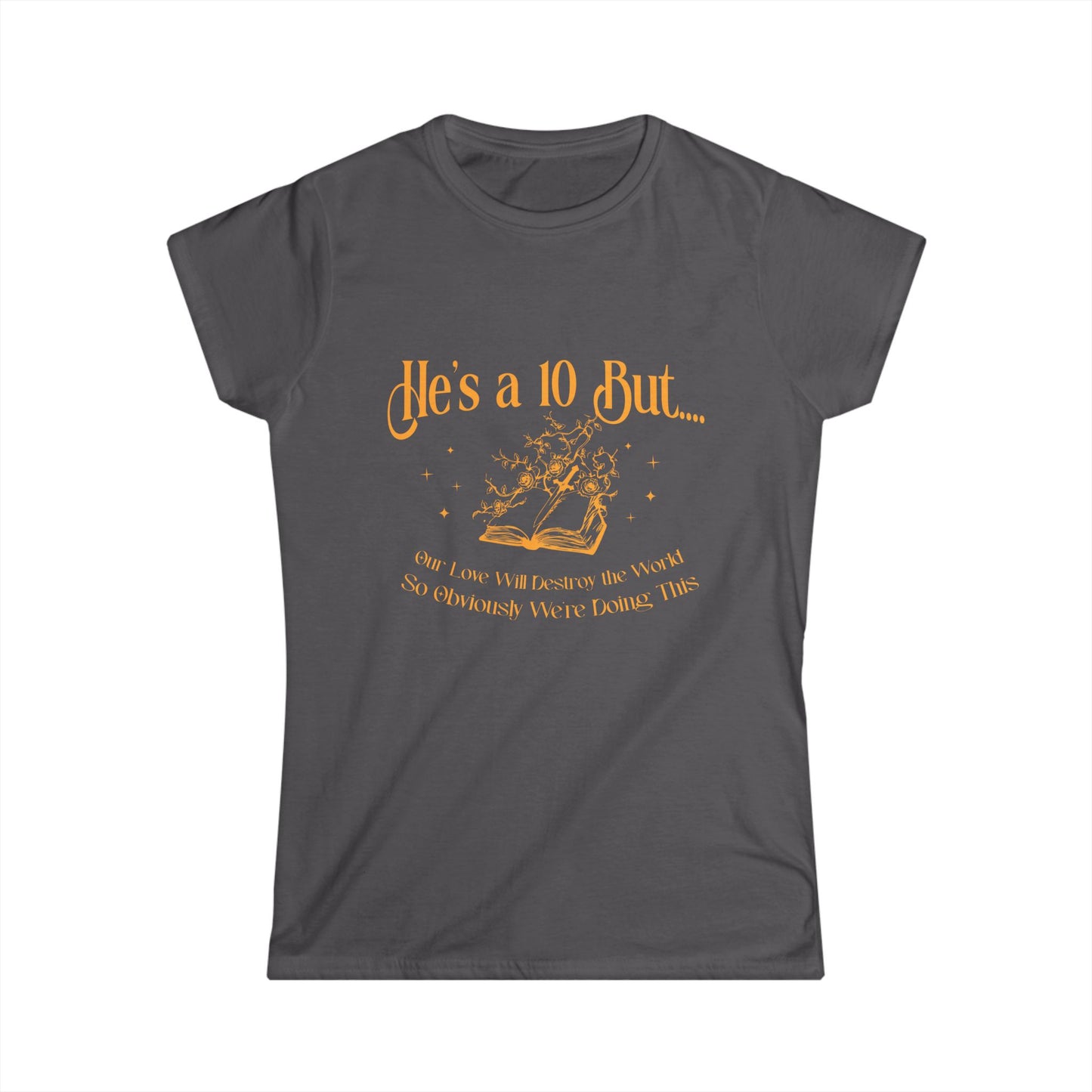 Gray t-shirt with yellow text and graphic on a white background