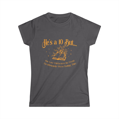 Gray t-shirt with yellow text and graphic on a white background