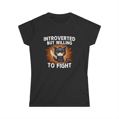 Black t-shirt with a graphic of a cat and text 'Introverted but willing to fight' on a white background