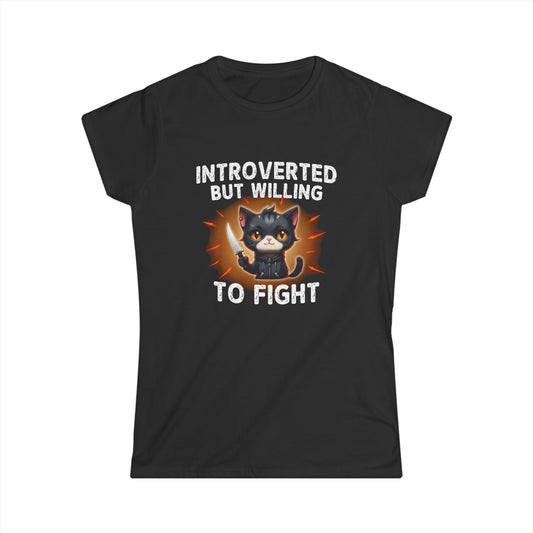 Black t-shirt with a graphic of a cat and text 'Introverted but willing to fight' on a white background