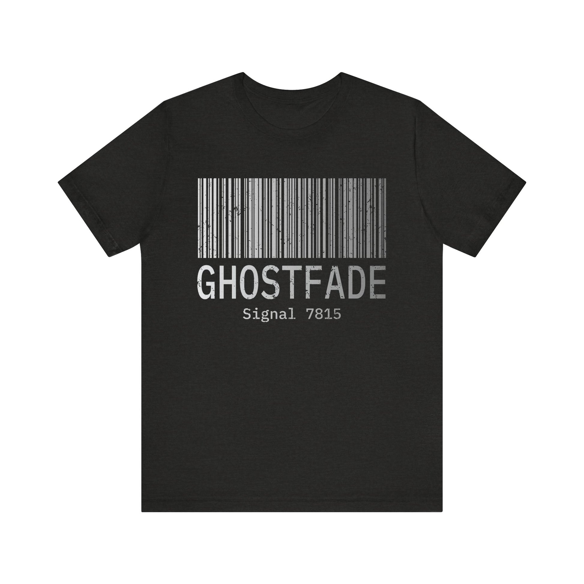 Black t-shirt with barcode design and 'GHOSTFADE' text on a white background