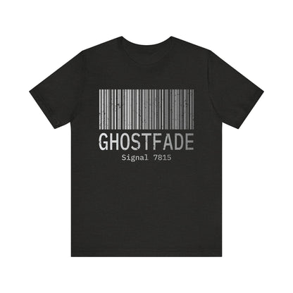 Black t-shirt with barcode design and 'GHOSTFADE' text on a white background