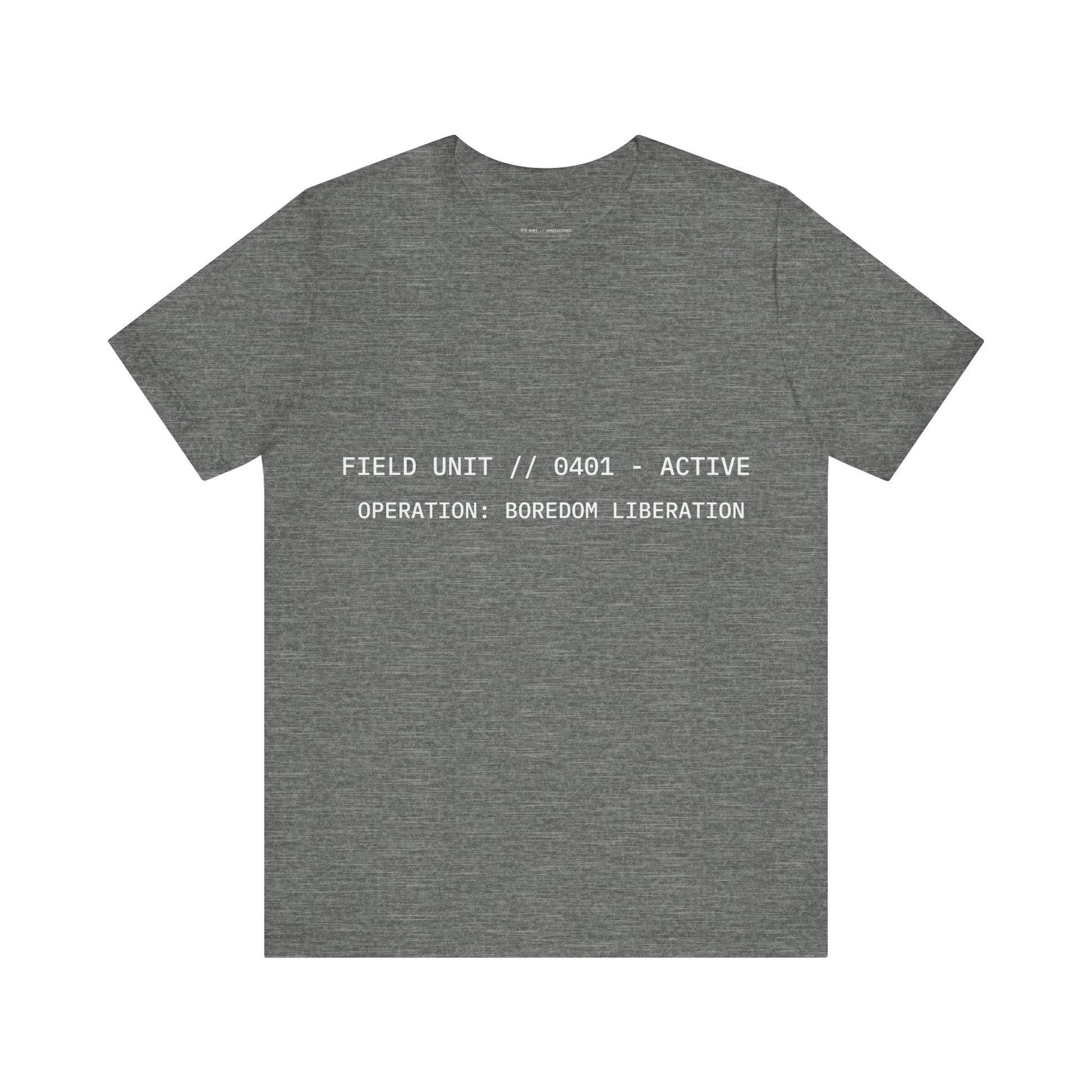 Gray t-shirt with white text on a white background