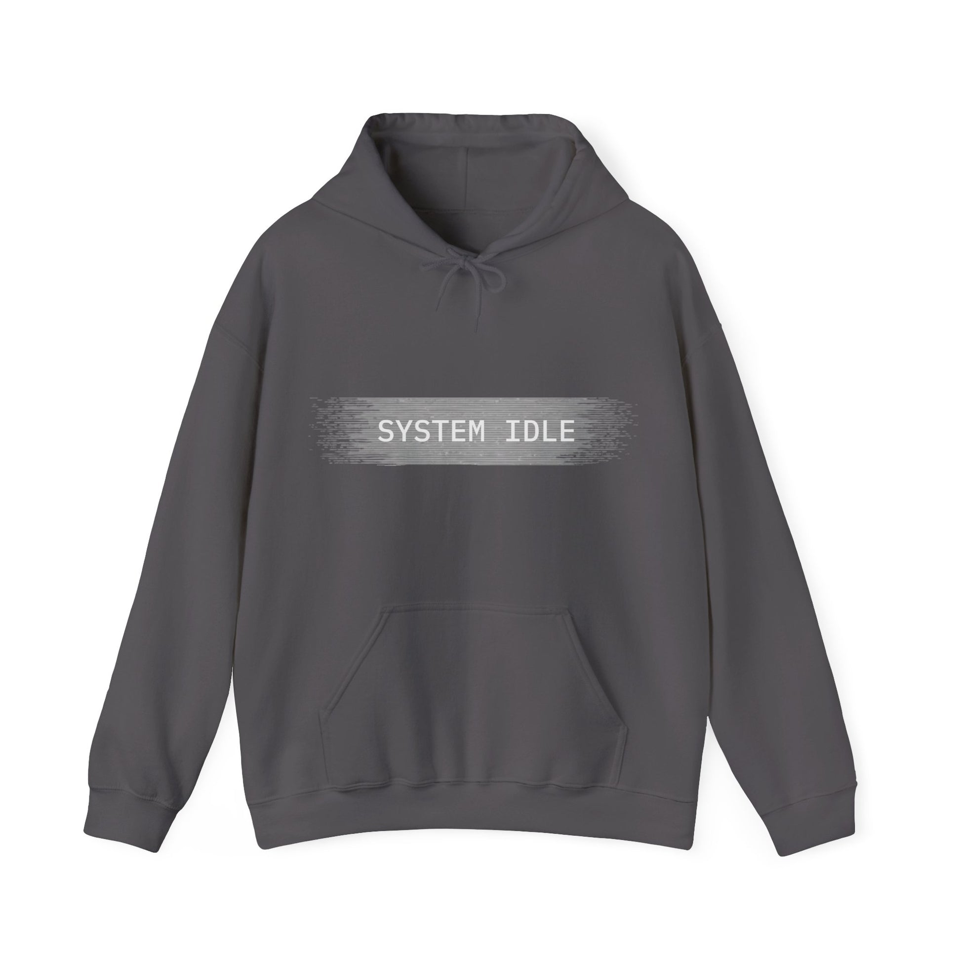 Gray hoodie with 'SYSTEM IDLE' text on a white background