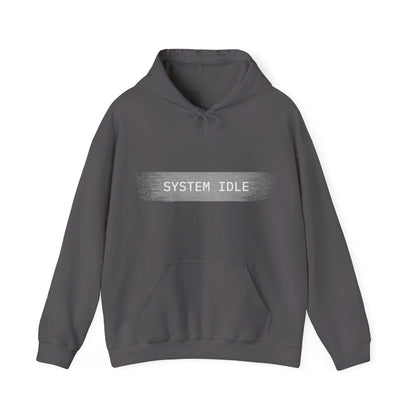 Gray hoodie with 'SYSTEM IDLE' text on a white background